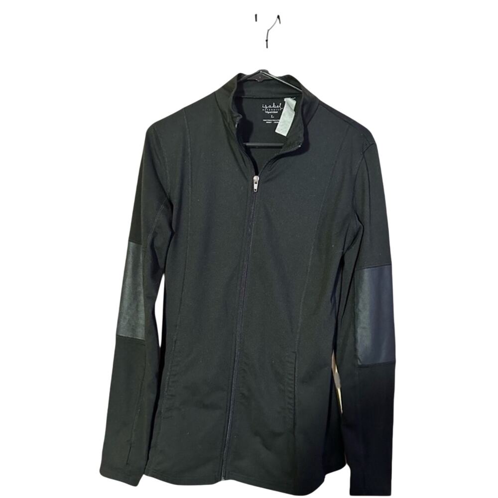 Isabel Maternity Zip Up Jacket Women Large Black Faux Leather Patches Athleisure